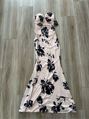 JLUXLABEL Strapless Blush Pink Dress with Black Floral Print